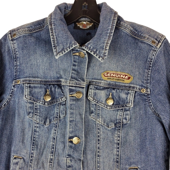 HARLEY DAVIDSON Jean Jacket Embroidered Logo Spell Out Studded - Picture 5 of 10